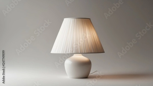 Fototapeta White table lamp with pleated shade on neutral background with soft lighting and copy space for text.