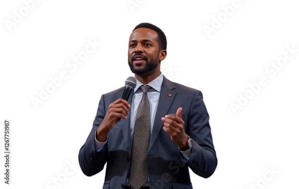Fototapeta Businessman in formal attire giving a speech on mic, Employee executive CEO giving speech in townhall wearing a suit