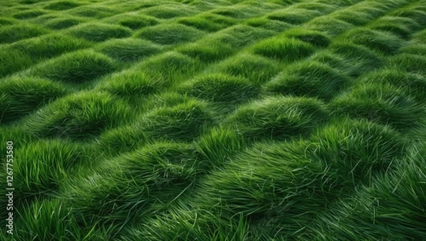 Fototapeta Lush green grass field with wavy patterns and textures in sunlight ideal for nature backgrounds and landscapes Copy Space