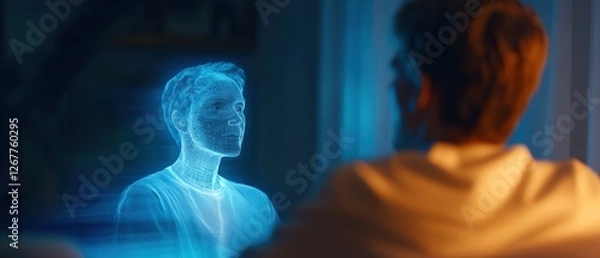 Fototapeta man talking to hologram
