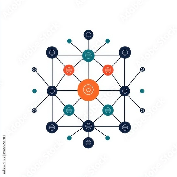 Fototapeta A visual representation of a network or system, featuring interconnected nodes with varying colors, emphasizing relationships and connections.