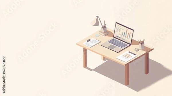 Fototapeta Isometric desk with laptop, documents, and supplies.  Possible use for work from home or office productivity presentations