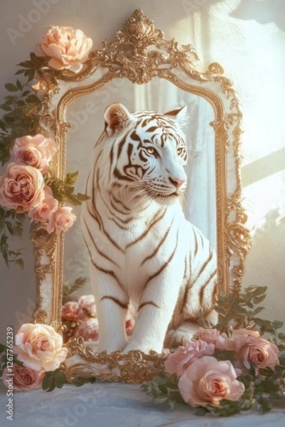 Fototapeta A white tiger is sitting in front of a gold frame with pink flowers