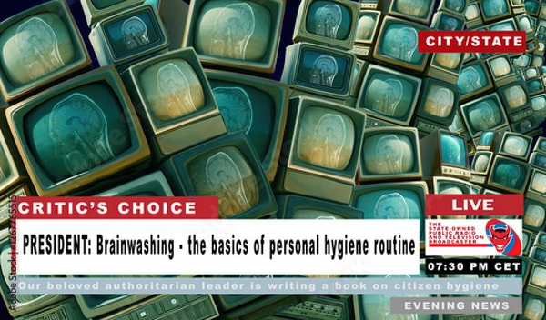 Obraz The evening news on the imaginary state television of a fictitious country ruled by a dictator. A pile of televisions with MRI brain scans. Chyron captions are suitable for free text variation.