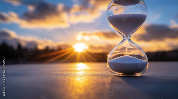 Obraz An hourglass filled with white sand sits on a smooth surface as the sun sets in the background. The warm glow of the sunset enhances the metaphor of time management and productivity, inspiring focus