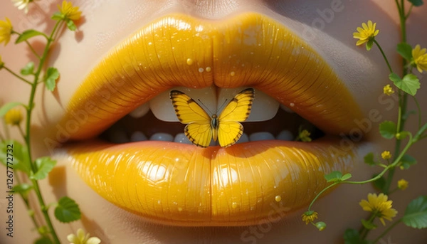 Fototapeta "Extreme close-up of lips, smooth and vibrant, representing a time before pollution. The lips are painted with a soft yellow hue, reflecting clear skies. Delicate, fresh green vines curl around the li