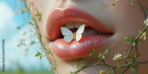 Fototapeta An extreme close-up of smooth, vibrant lips in a soft skin tone hue, symbolizing a world before pollution, adorned with delicate green vines and a tiny white butterfly.