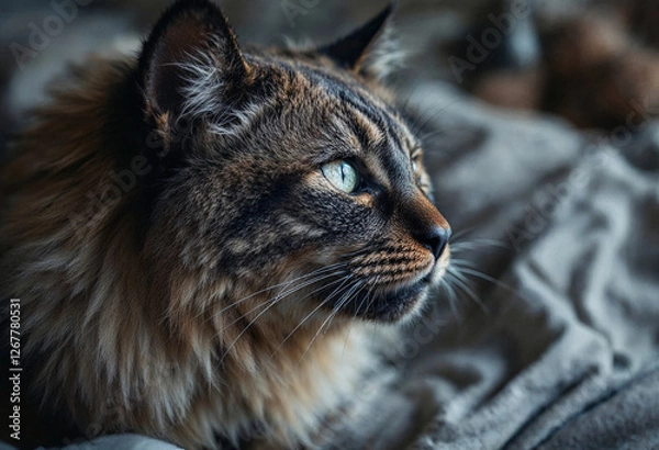 Fototapeta Close-Up of a Fluffy Maine Coon Cat with Intense Green Eyes: A beautiful long-haired Maine Coon cat gazes into the distance with mesmerizing green eyes.