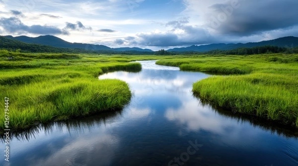 Fototapeta A meandering river winds through lush green tidal areas, offering a mesmerizing view that combines natural beauty with a sense of tranquility and exploration in nature.