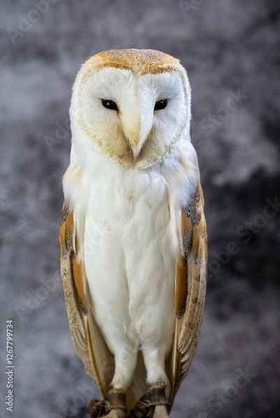 Obraz A captive bred western barn owl (Tyto alba) against a grey mottled background