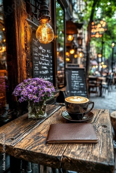 Fototapeta Digital nomad and remote work trends, Cozy Café Scene with Coffee, Notebook, and Floral Arrangement in Soft Evening Light