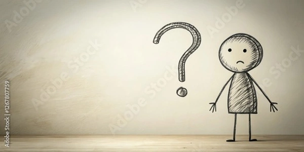 Fototapeta A Simple Stick Figure Drawing of a Person Pondering a Large Question Mark on a Light Beige Wall