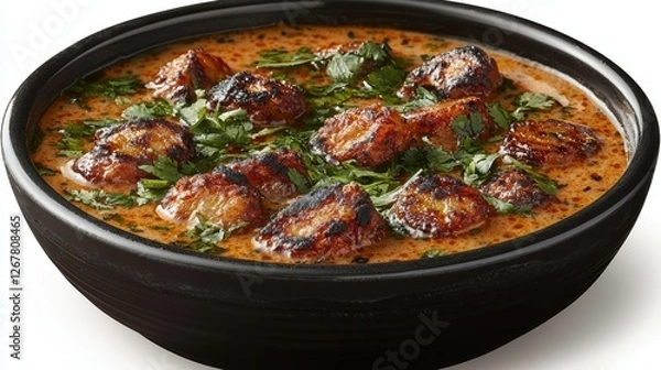 Fototapeta Focal point of creamy kadhi pakora with crispy pakoras floating in a flavorful curry.