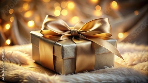 Fototapeta A golden gift box adorned with a satin ribbon sits on a soft white fuzzy surface, illuminated by a warm glow of blurry lights.