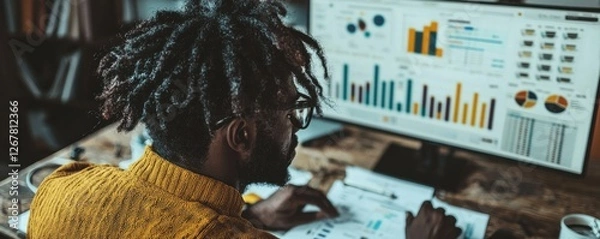 Obraz Person analyzing data on a computer screen with graphs.