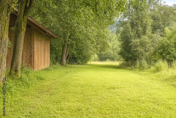 Fototapeta Serenity of a lush green pathway beside a wooden structure in a tranquil forest