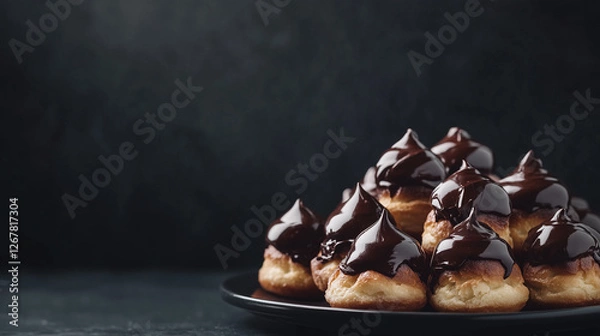 Fototapeta Chocolate filled cream puffs topped with shiny chocolate sugar, arranged on a plate, dark background
