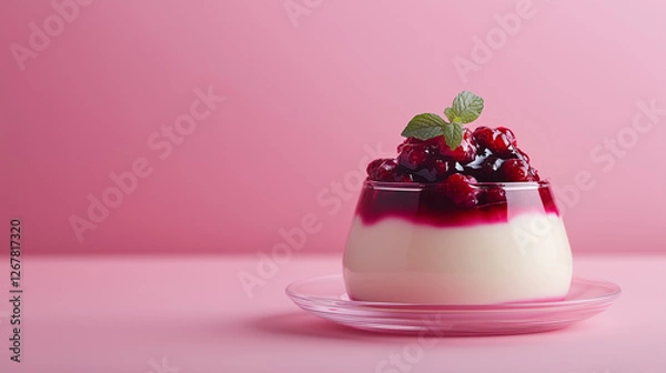 Fototapeta Panna cotta pudding served with berry compote topping in a clear glass plate. Soft gradient bg.
