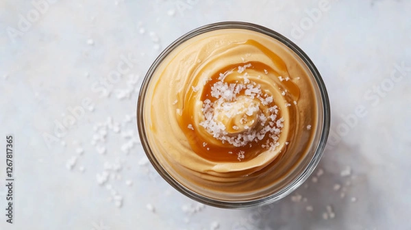 Fototapeta Caramel pudding in glass cup topped with sea salt and drizzled with caramel sauce. Light background.