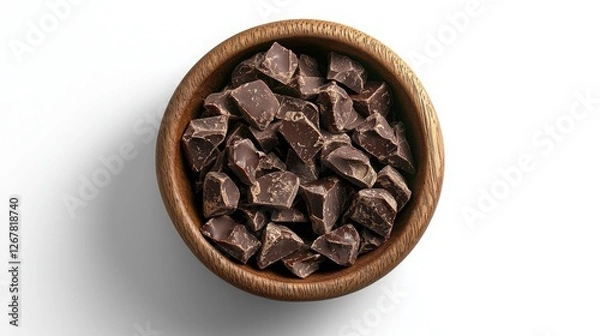 Obraz Wooden bowl brimming with rich, dark chocolate chunks, a tempting treat for dessert lovers on a crisp white background. A tempting confectionery.