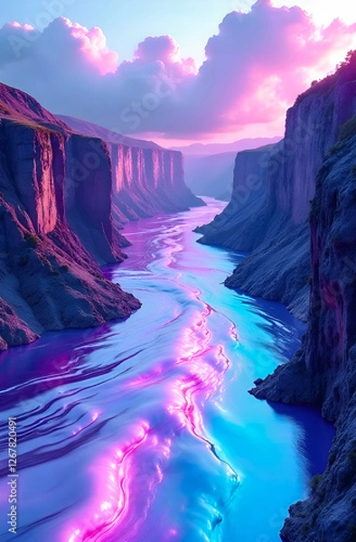 Obraz A flowing liquid metallic river with iridescent colors changing between silver, pink and bright blue.  Cliffs rise along the river's edges against a backdrop of clouds in shades of blue and lilac 