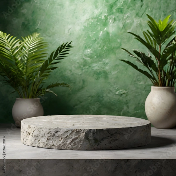 Fototapeta Natural stone and concrete podium in Natural green background for Empty show for packaging product presentation. Background for cosmetic products, the scene with green leaves. Mock up the pedestal.