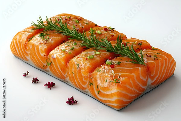 Fototapeta Fresh salmon fillet with vibrant orange color, garnished with herbs and spices. Perfect for culinary presentations