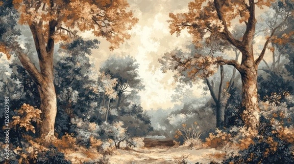 Fototapeta Autumn forest landscape painting, tranquil scene, possible use in nature-themed décor