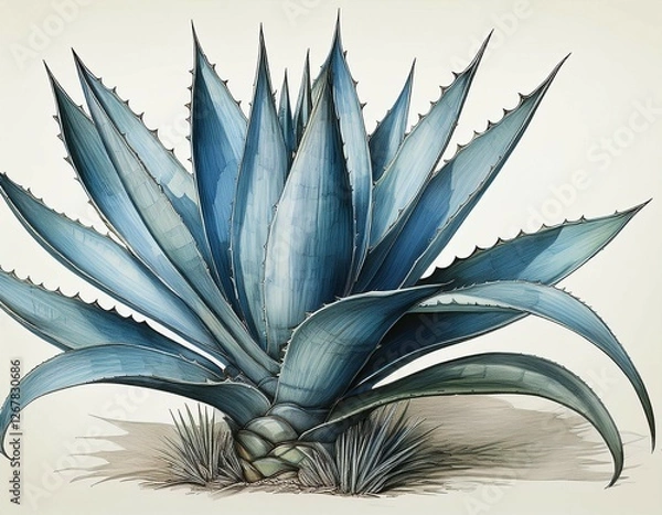 Fototapeta hand drawn blue agave bush tropical plant on a light background isolated can be used for your design vintage botanical illustration in engraving style