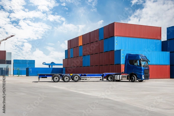 Fototapeta A blue semi truck is parked in front of a stack of blue and red containers