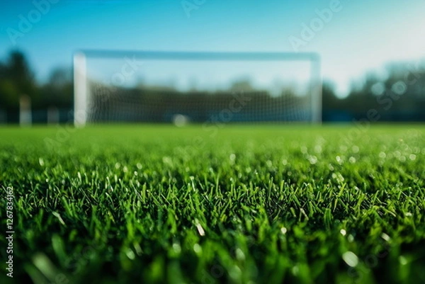 Obraz Soccer field with freshly cut green grass, blurred goals in the background, creating a dynamic perspective of the ongoing football match.
