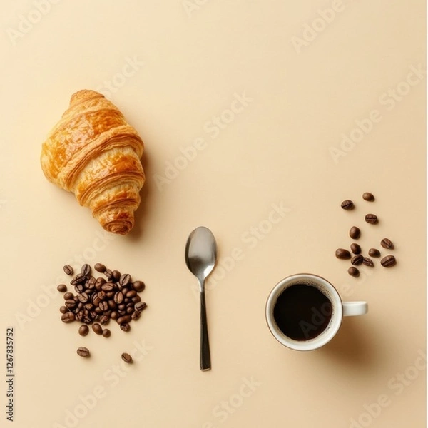 Fototapeta Enjoying a morning treat with a croissant, coffee, and coffee beans arranged in a flat lay setting on a neutral background. Generative AI
