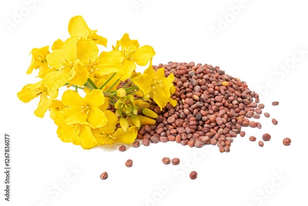 Fototapeta Rapeseed plant with yellow flowers and seeds. Mustard plant yellow blossom. Canola seeds and fresh canola flowers isolated on white background. Clipping path. No AI tools