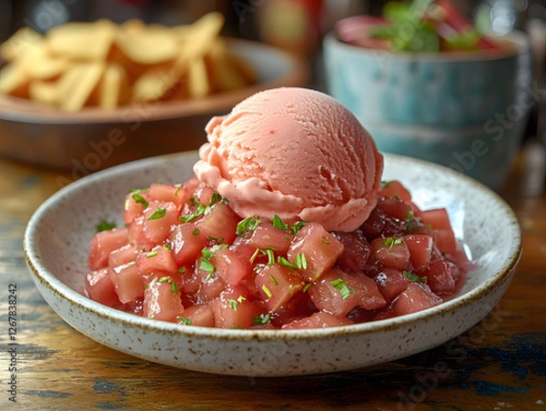Fototapeta Delicious Scoop of Vanilla Ice Cream Topped With Fresh Rhubarb Pieces on a Rustic Table Setting