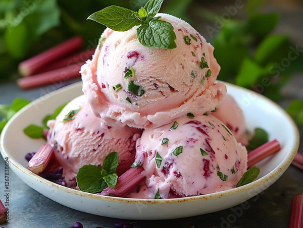 Fototapeta Delicious Scoop of Vanilla Ice Cream Topped With Fresh Rhubarb Pieces on a Rustic Table Setting