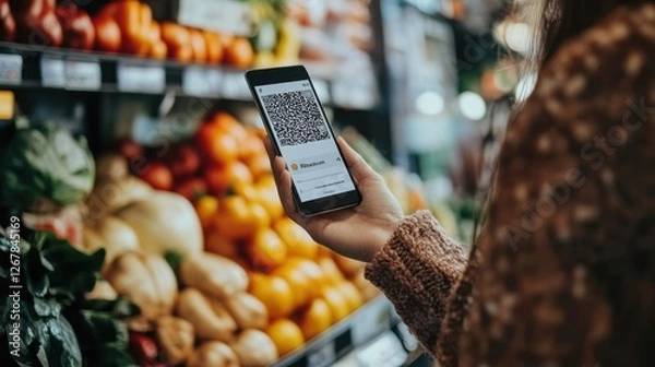 Obraz Contactless Payment at Grocery Store Using Smartphone QR Code Mobile Transaction Technology