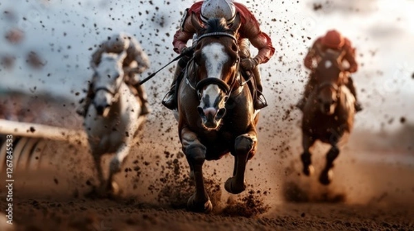Fototapeta A thrilling moment in a horse race, capturing three powerful horses charging through dirt, showcasing the raw energy, speed, and competitive spirit of these magnificent animals.