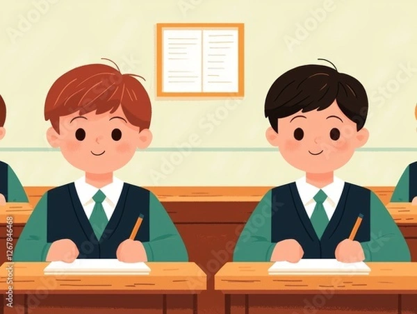 Fototapeta Elementary school students in classroom, learning, studying, school