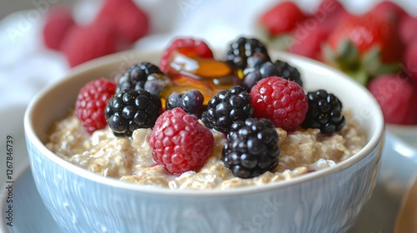 Fototapeta A cozy breakfast setting with a bowl of oatmeal topped with fresh berries and a drizzle of honey