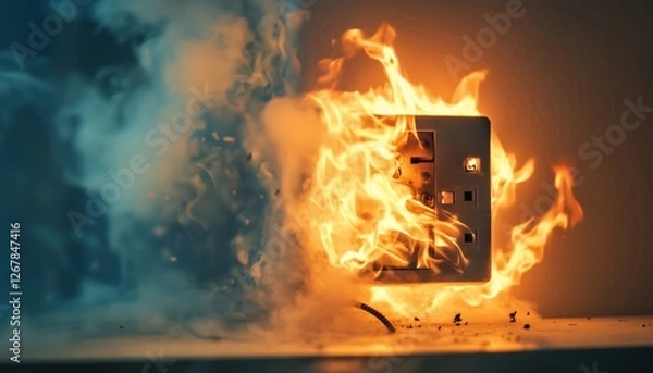 Fototapeta House Fire Caused By Faulty Wire And Socket Plug Resulting In Electrical Short Circuit And Failure. Incident In Residential Home.