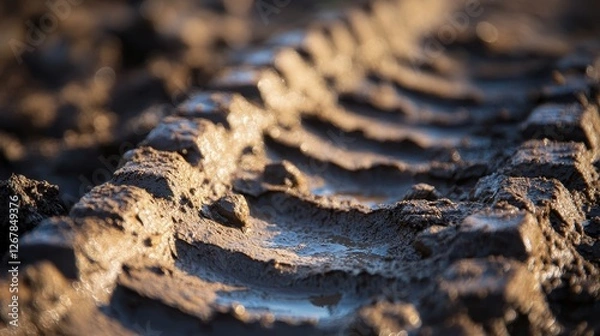 Fototapeta Close-up of muddy tire tracks, showing detailed texture and patterns in the wet soil, reflecting the impact of machinery in natural surroundings.