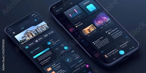 Obraz Smart Home Mobile App Interface Design:  Modern Dark UI UX for Property Management and Energy Monitoring