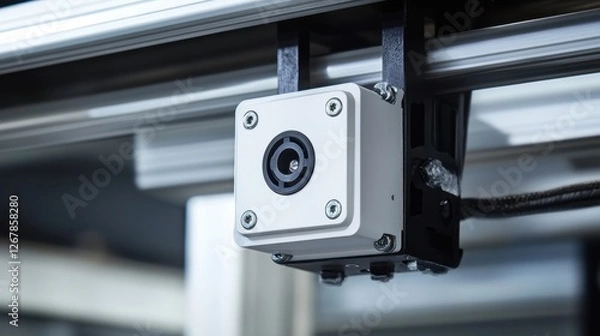 Fototapeta Close-up of a high-tech camera mounted on automated machinery, showcasing modern industrial technology and precision engineering.