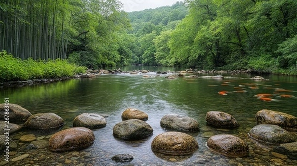 Fototapeta Peaceful river flowing through lush forest with koi fish, tranquil scene