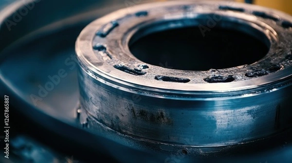 Obraz Close-up of a detailed industrial component showcasing its metallic surface and precise engineering.