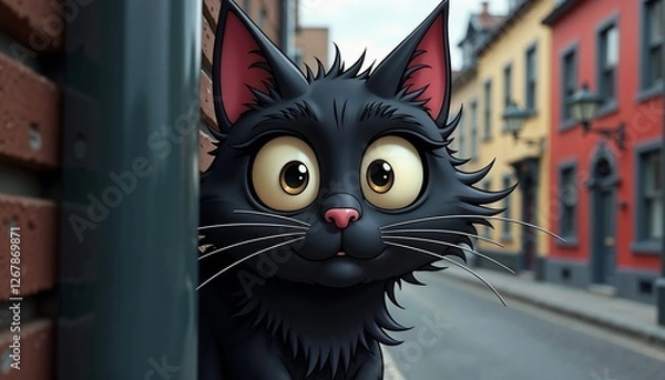 Obraz Cute cartoon black cat peeking around a corner in colorful street, character illustration concept