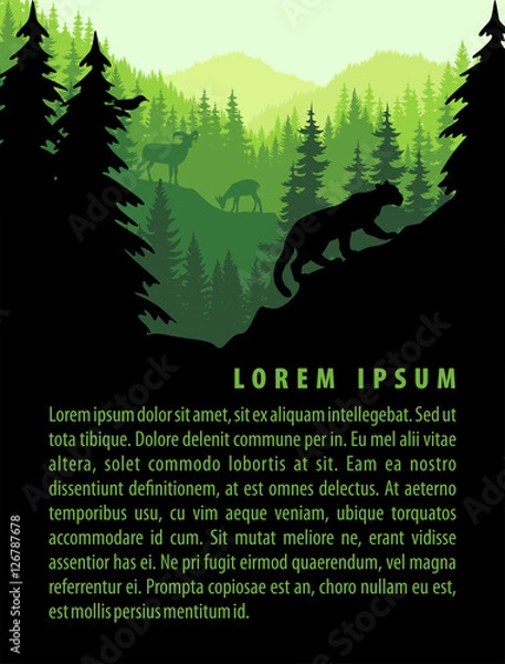 Fototapeta vector forest background design template with mountains and animals