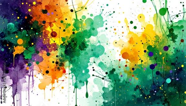 Fototapeta Vibrant abstract splatter painting with rich colors, Dynamic ink splashes, and scattered dots, blending seamlessly in an expressive and energetic composition.