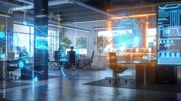 Fototapeta A futuristic office space with advanced workstations, holographic interfaces, and IT engineers collaborating on software development using AI-driven tools.