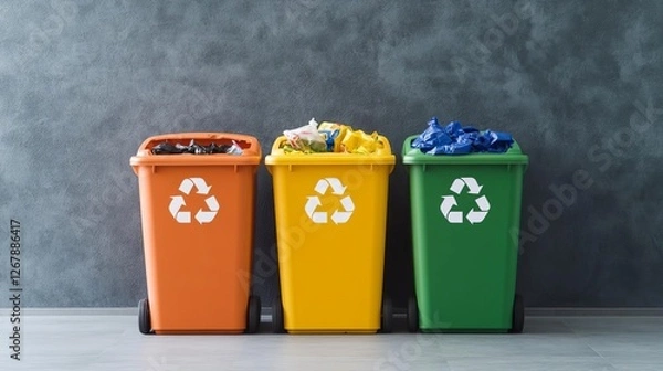 Obraz Smart waste bins using AI to sort and recycle trash, urban green technology